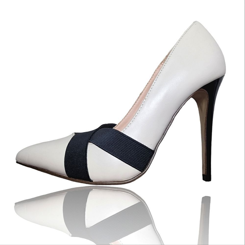 Madison Marisela Pointed Toe White & Black Stretch Strap Stilettos